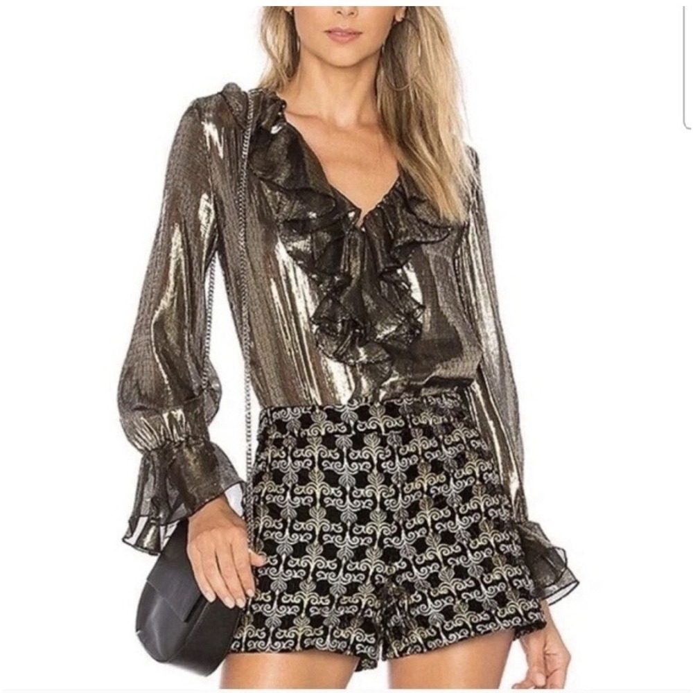 Alice + Olivia Elliot Ruffle Blouse Top Shirt Women's XS Gold Long Sleeve